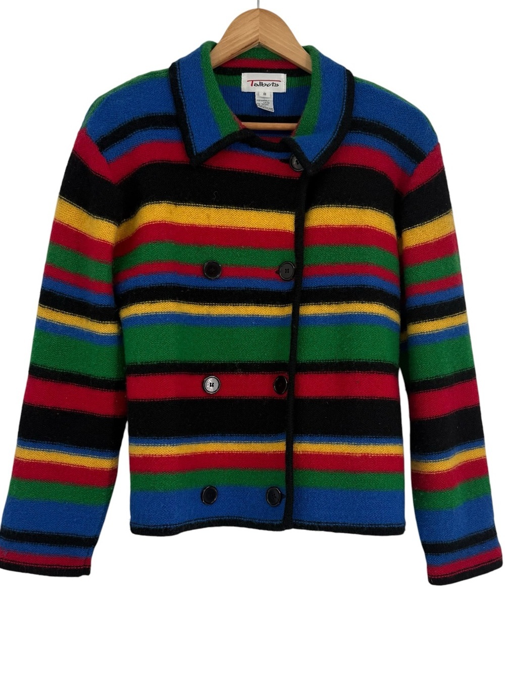 Vintage Talbots Womens Small Wool Striped Cardigan Sweater Rainbow button